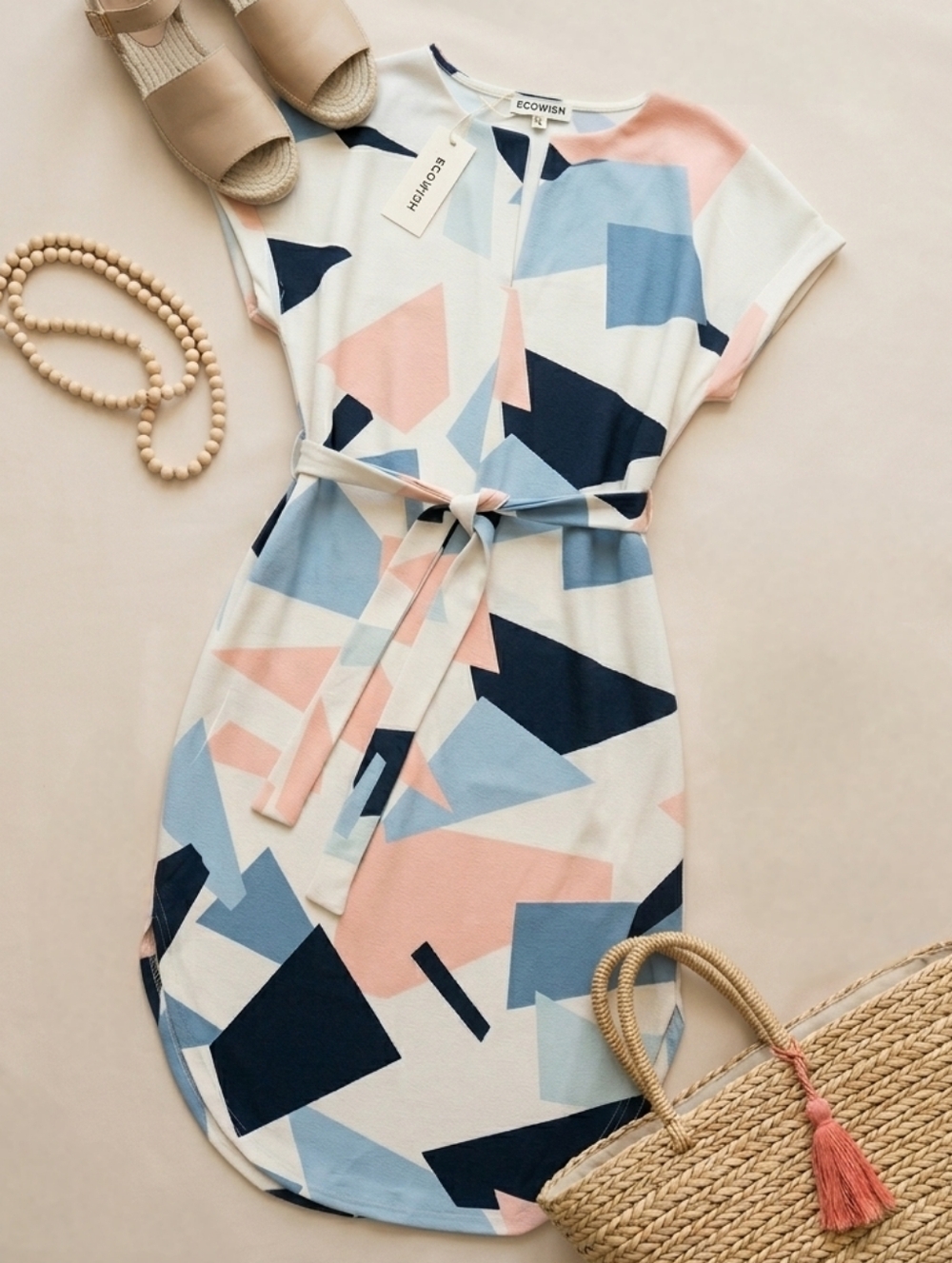 Ecowish Bold Abstract Midi Dress XL (Fits L) | Navy Blue Blush Geometric NWT